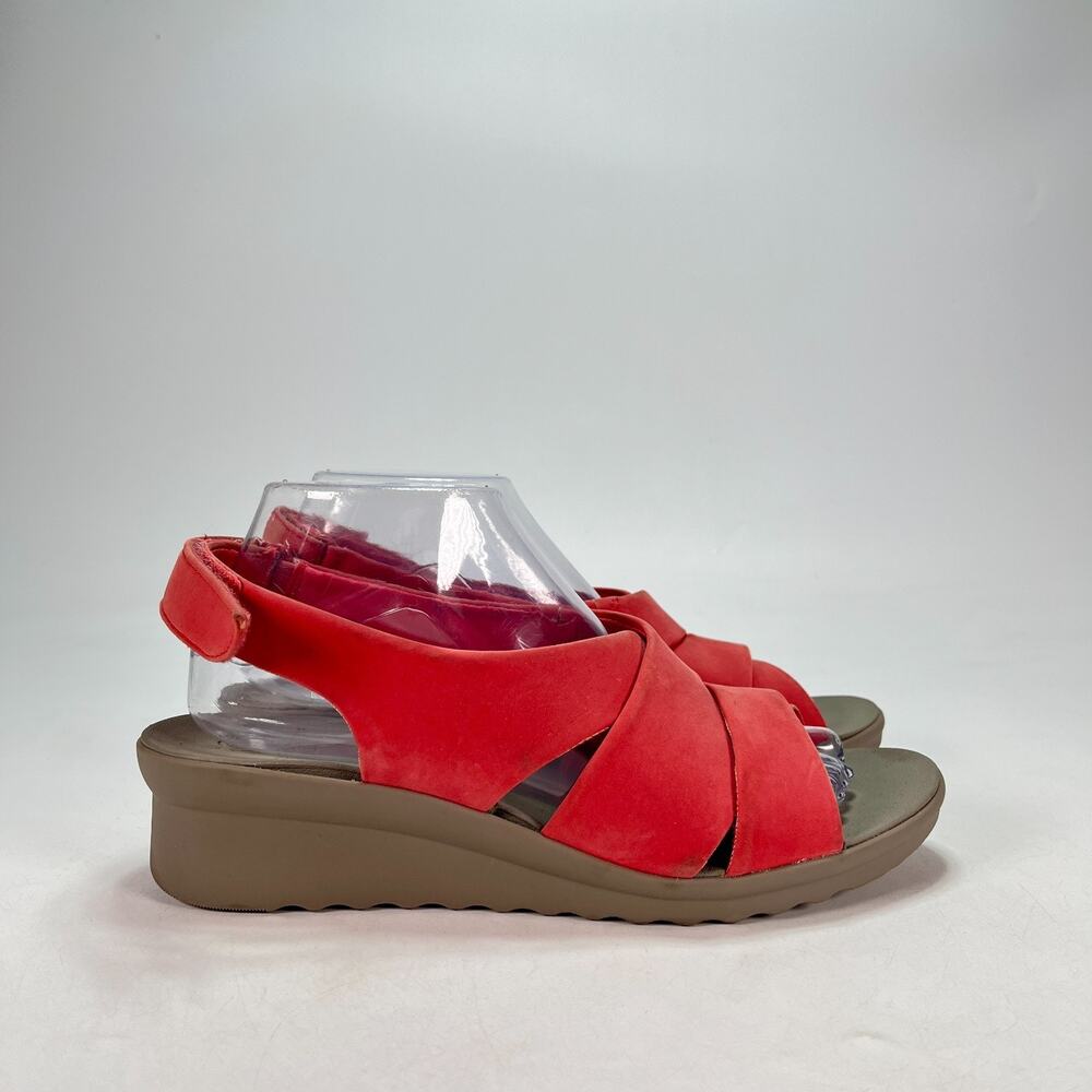 Clarks Cloudsteppers Red Coral Casual Cross Strap Wedge Sandals Women's Size 9M